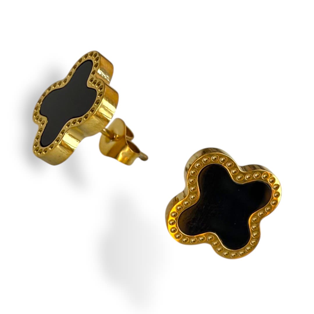 Aros aretes trébol 4 hojas negro acero / set1
