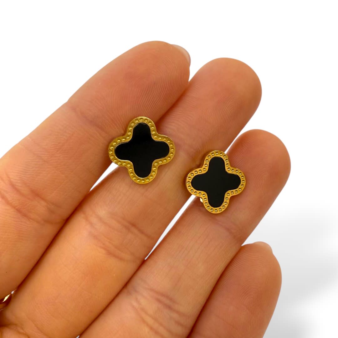 Aros aretes trébol 4 hojas negro acero / set2