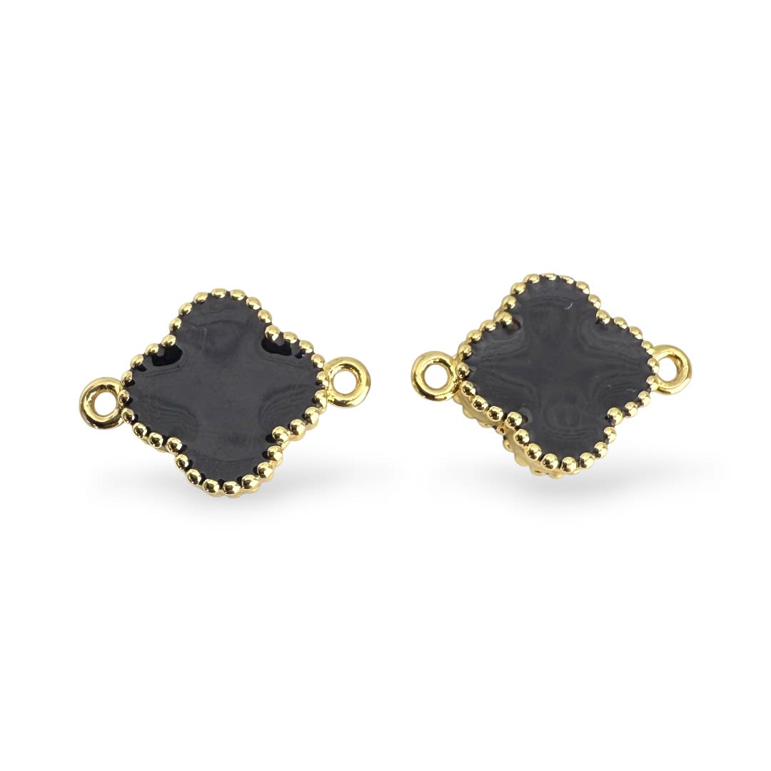 Dije conector trébol 13 mm piedra negra baño de oro / unidad1