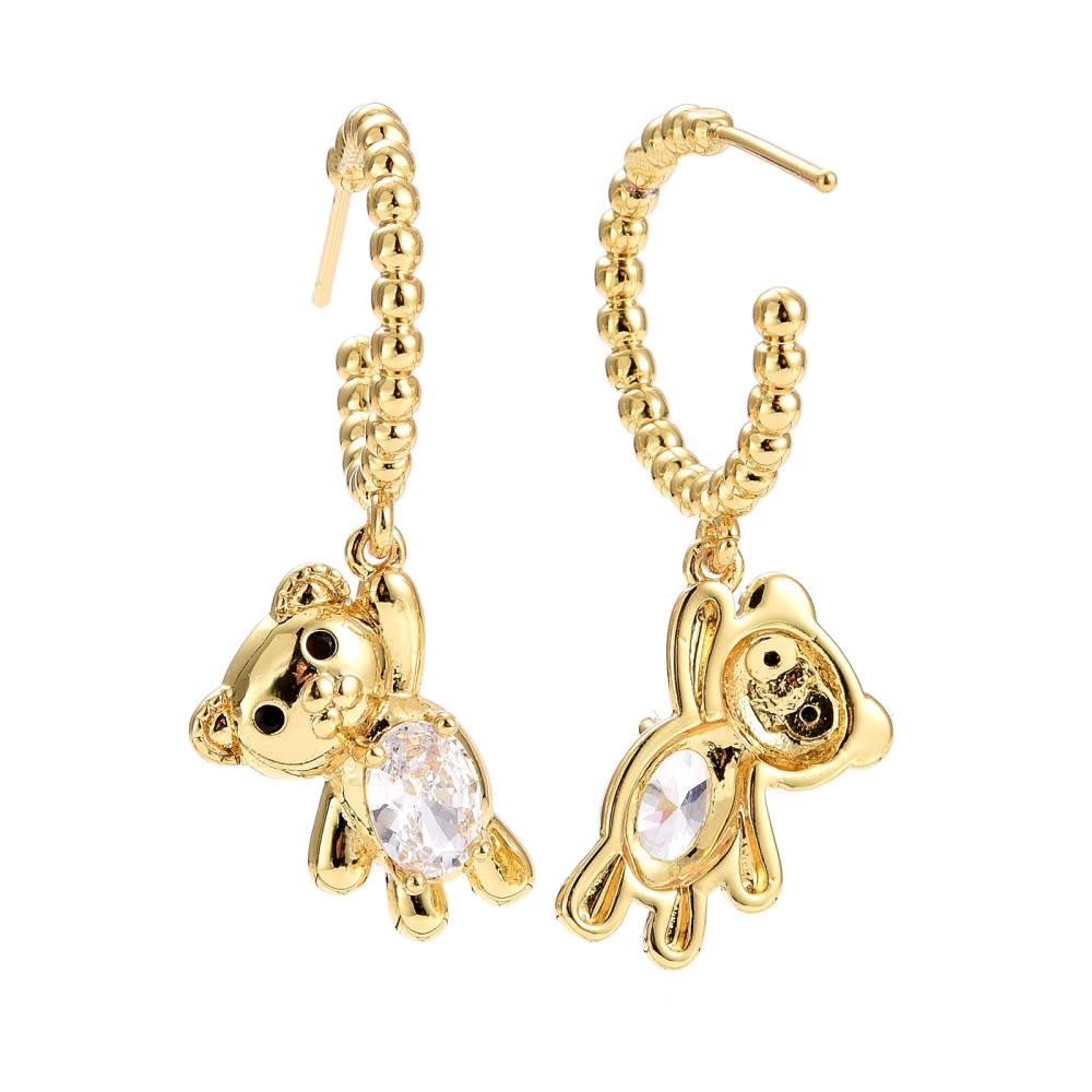Aros argollas aretes osito colgante tipo c zircón baño de oro / par2