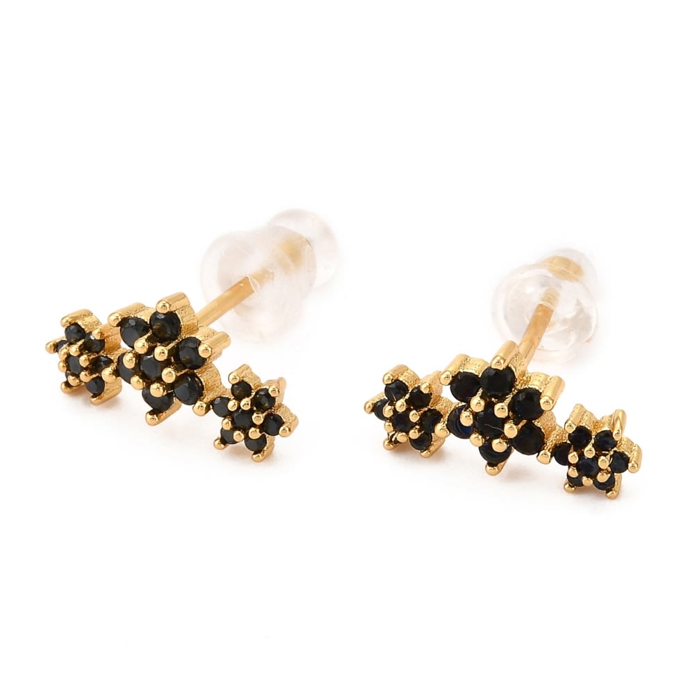 Aros topo topito flores negra 12.5 mm baño oro / par1