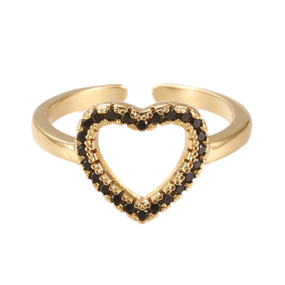 Anillo ajustable corazón zircón negro baño de oro / unidad1