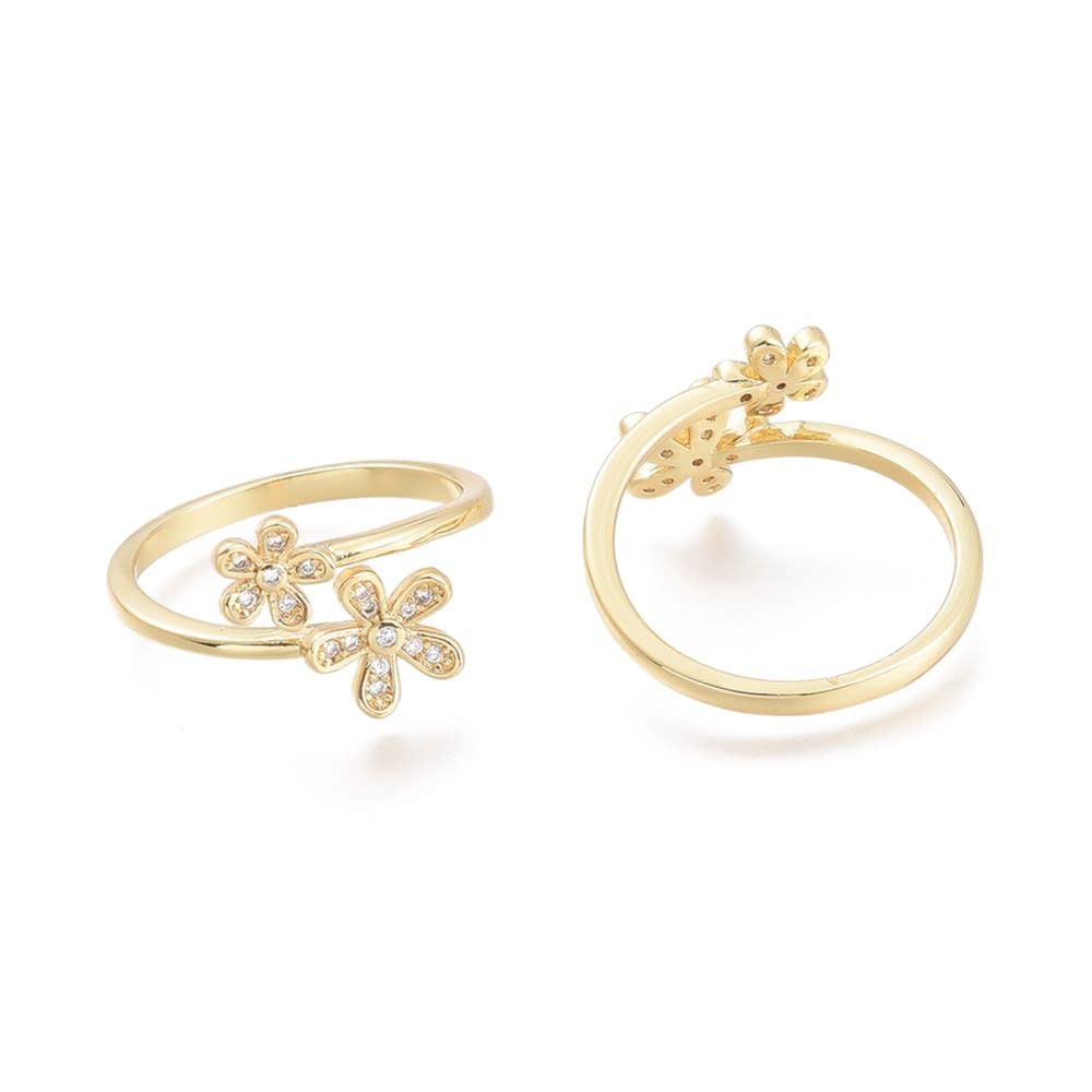 Anillo ajustable doble flor zircón baño de oro / unidad3