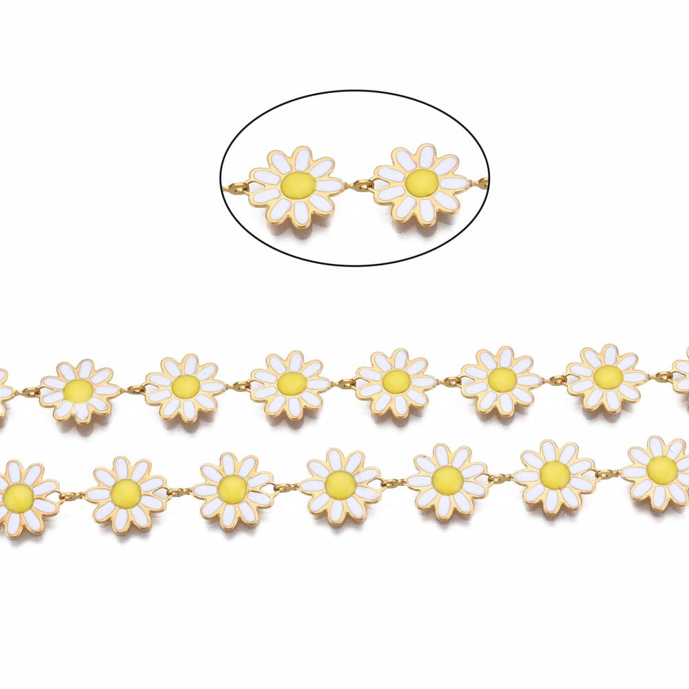 Cadena figura flor margarita esmaltada baño de oro acero/ metro3