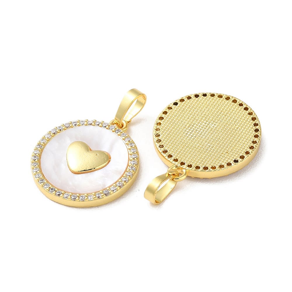 Dije colgante círculo corazón 21 mm nácar baño de oro / unidad2