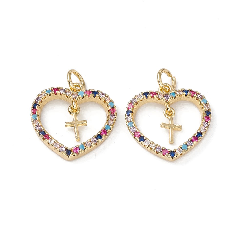 Dije colgante corazón cruz zircón multicolor baño de oro / unidad4