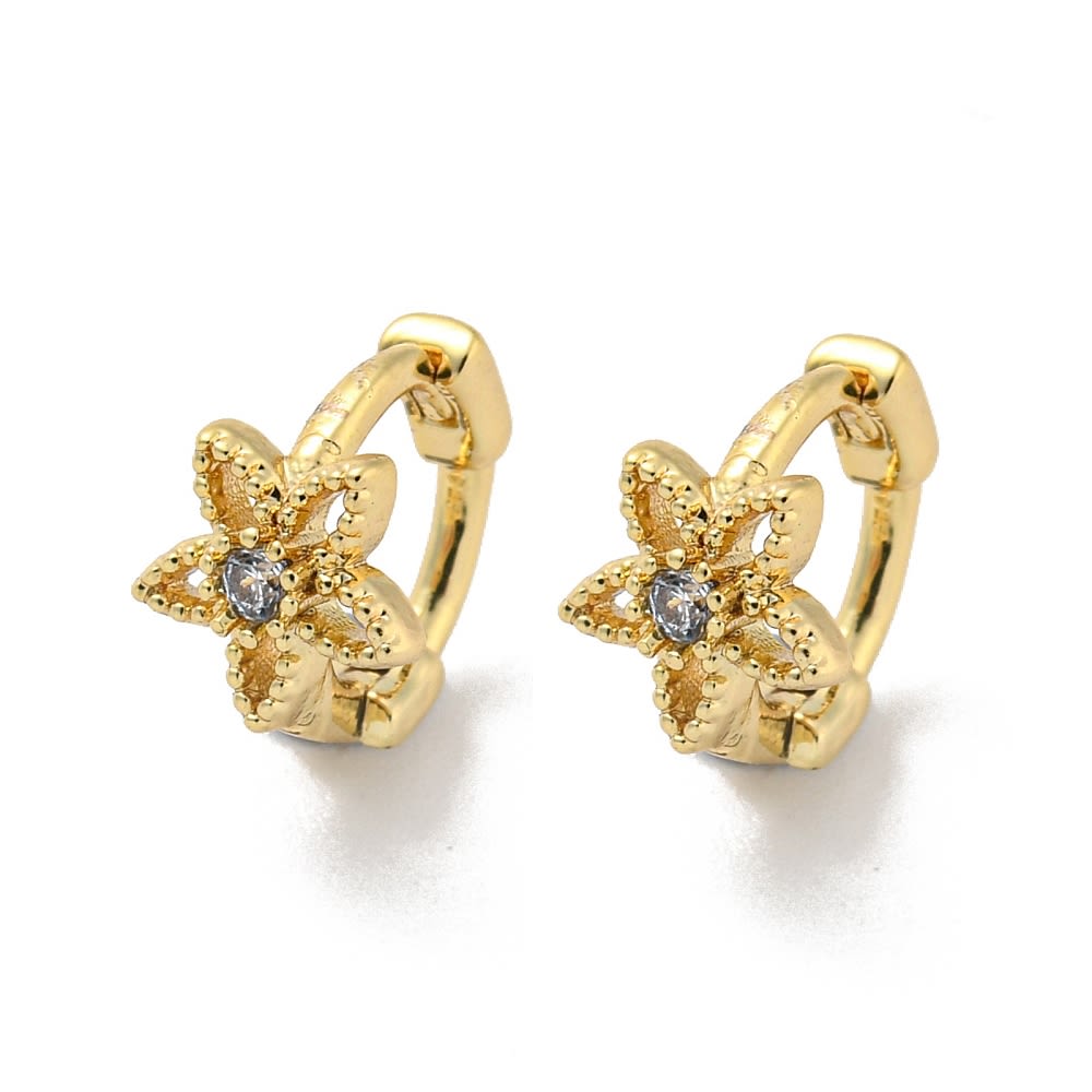 Aros argollas aretes huggie flor 7.5 mm zircón baño de oro / par1