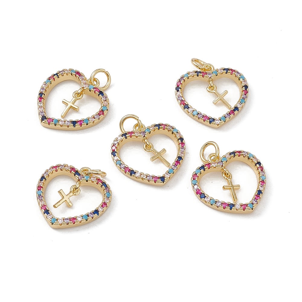 Dije colgante corazón cruz zircón multicolor baño de oro / unidad3
