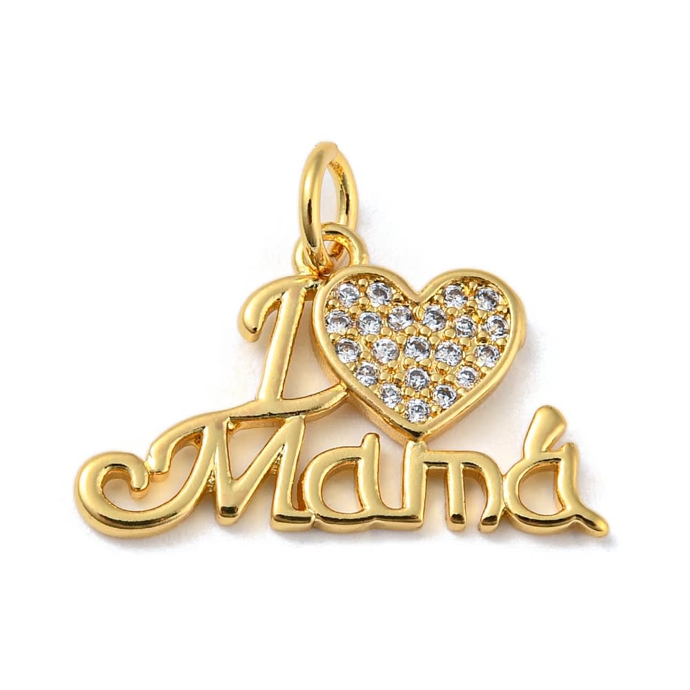 Dije colgante corazón I love mamá  20.5 mm zircón baño oro / unidad1