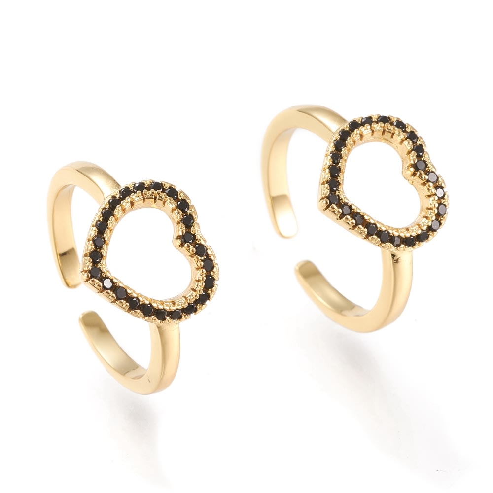 Anillo ajustable corazón zircón negro baño de oro / unidad3