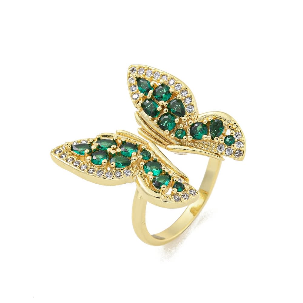 Anillo ajustable mariposa zircón verde baño de oro / unidad1