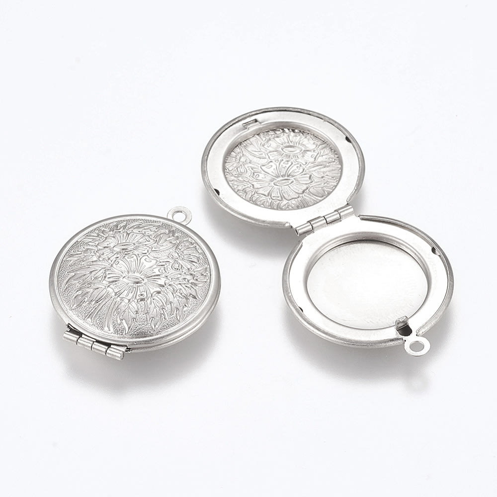 Relicario foto portafoto locket redondo flor acero plateado / unidad1