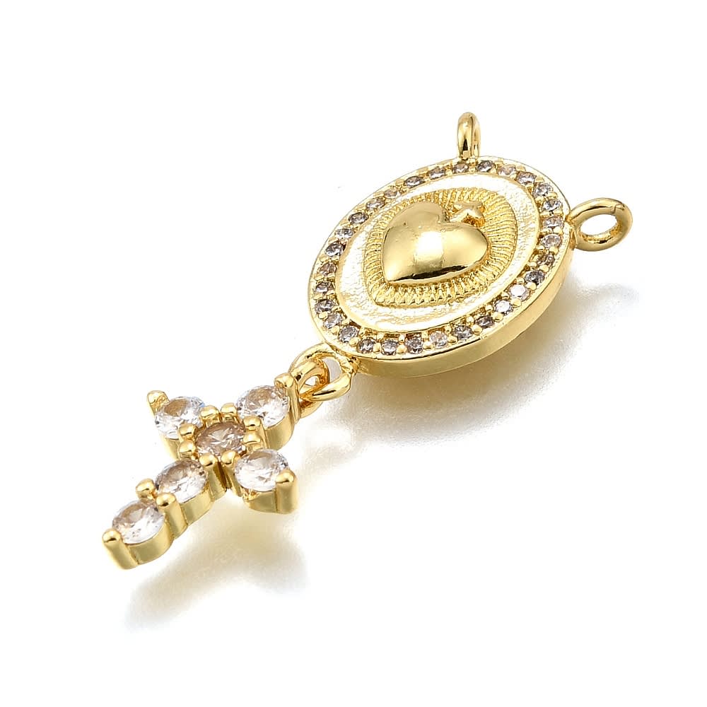 Dije conector vitela cruz sagrado corazón 30 mm zircón baño oro / unidad2
