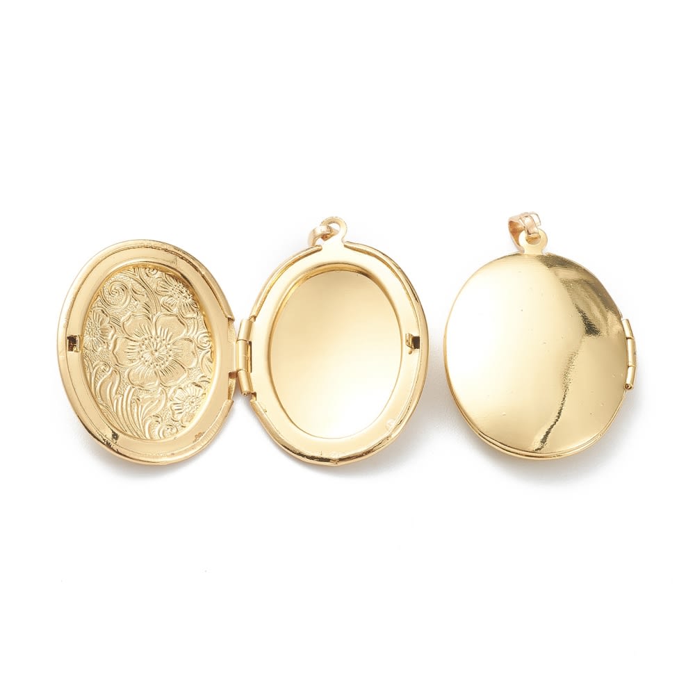 Relicario foto portafoto locket ovalado flores Baño de Oro / unidad3
