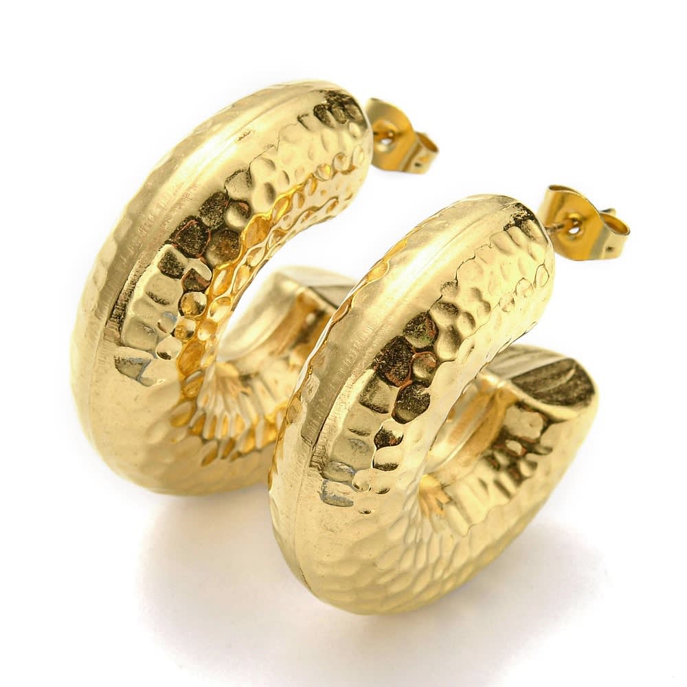 Aros media argollas aretes chunky tipo c martillado acero baño de oro / par1