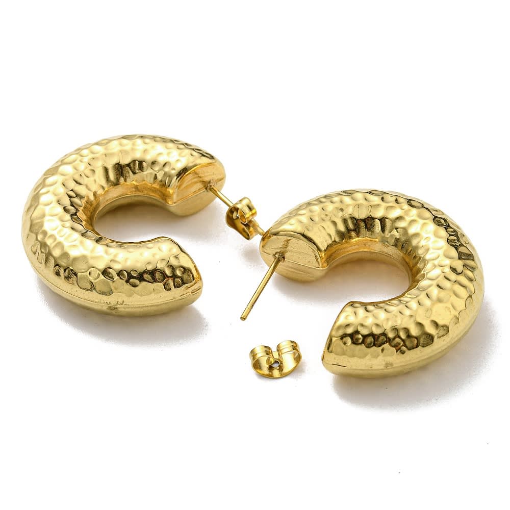 Aros media argollas aretes chunky tipo c martillado acero baño de oro / par2