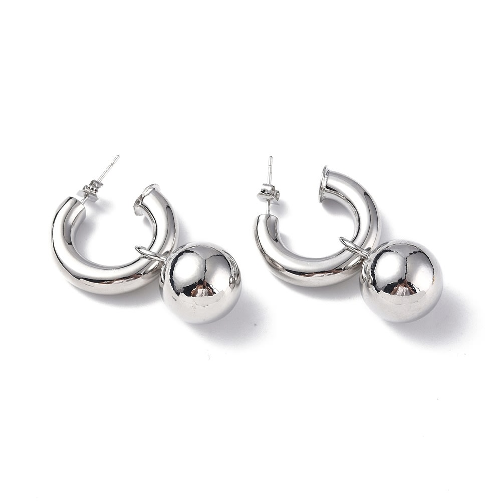 Aros argollas aretes colgantes bola tipo c macizo baño de platino / par1