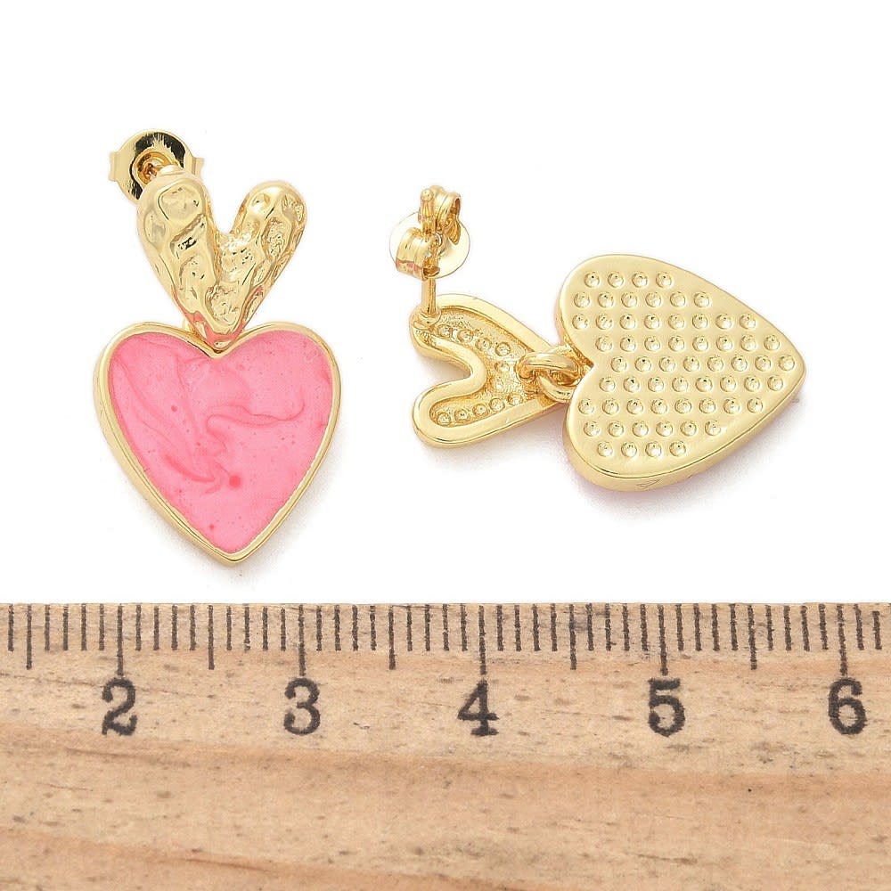 Aros topo topito doble corazón heart esmaltado 23 mm baño oro / par5
