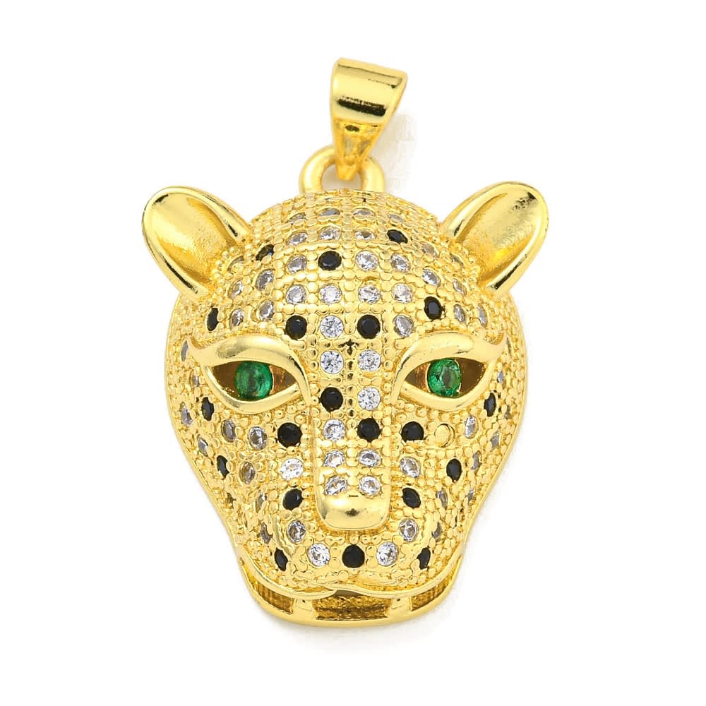 Dije colgante cabeza leopardo 25 mm baño oro zircón / unidad1