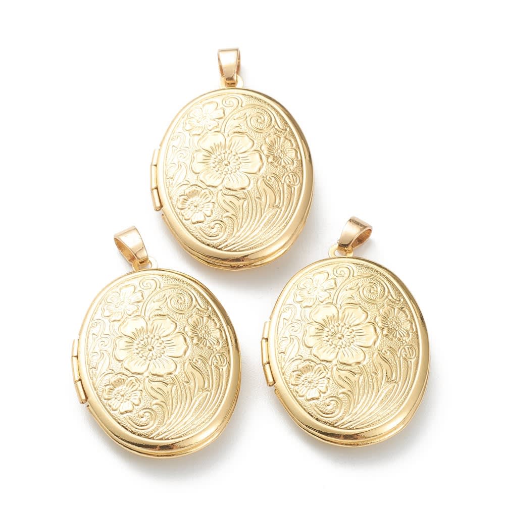 Relicario foto portafoto locket ovalado flores Baño de Oro / unidad4