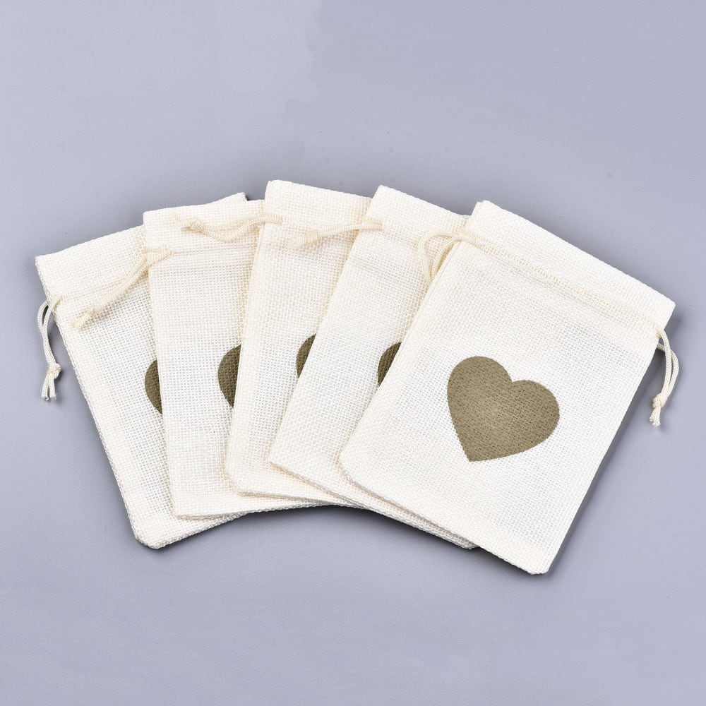 Pack bolsa arpillera tela 14x10 cm corazón verde / 5 uds2