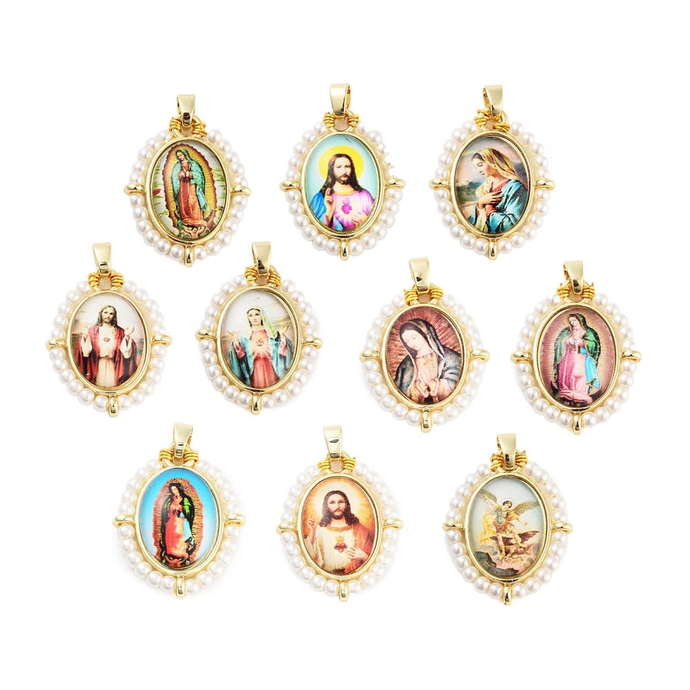 Dije colgante religioso esmaltado con perlas baño de oro / unidad1
