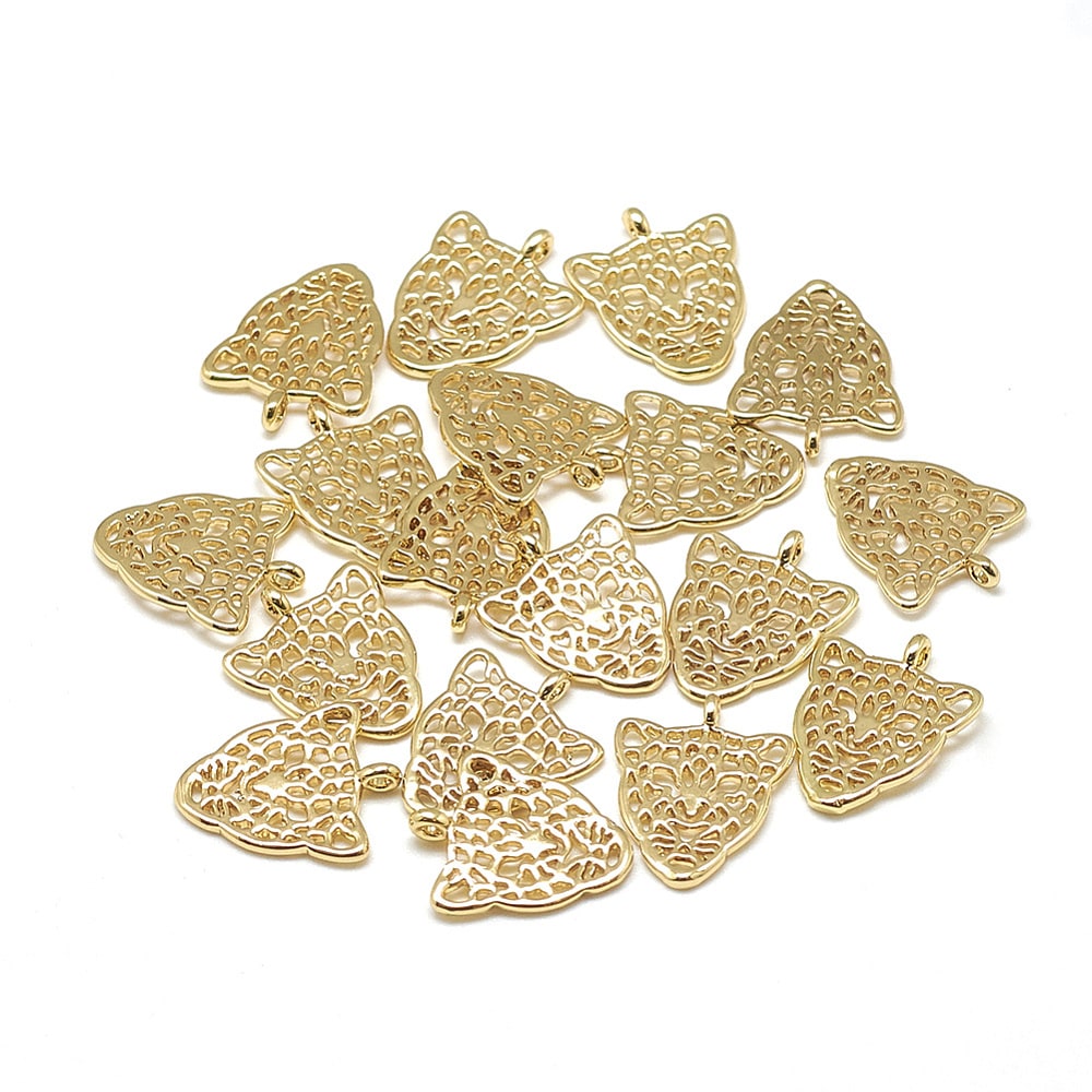Dije colgante cara leopardo 14.5 mm baño oro / unidad2