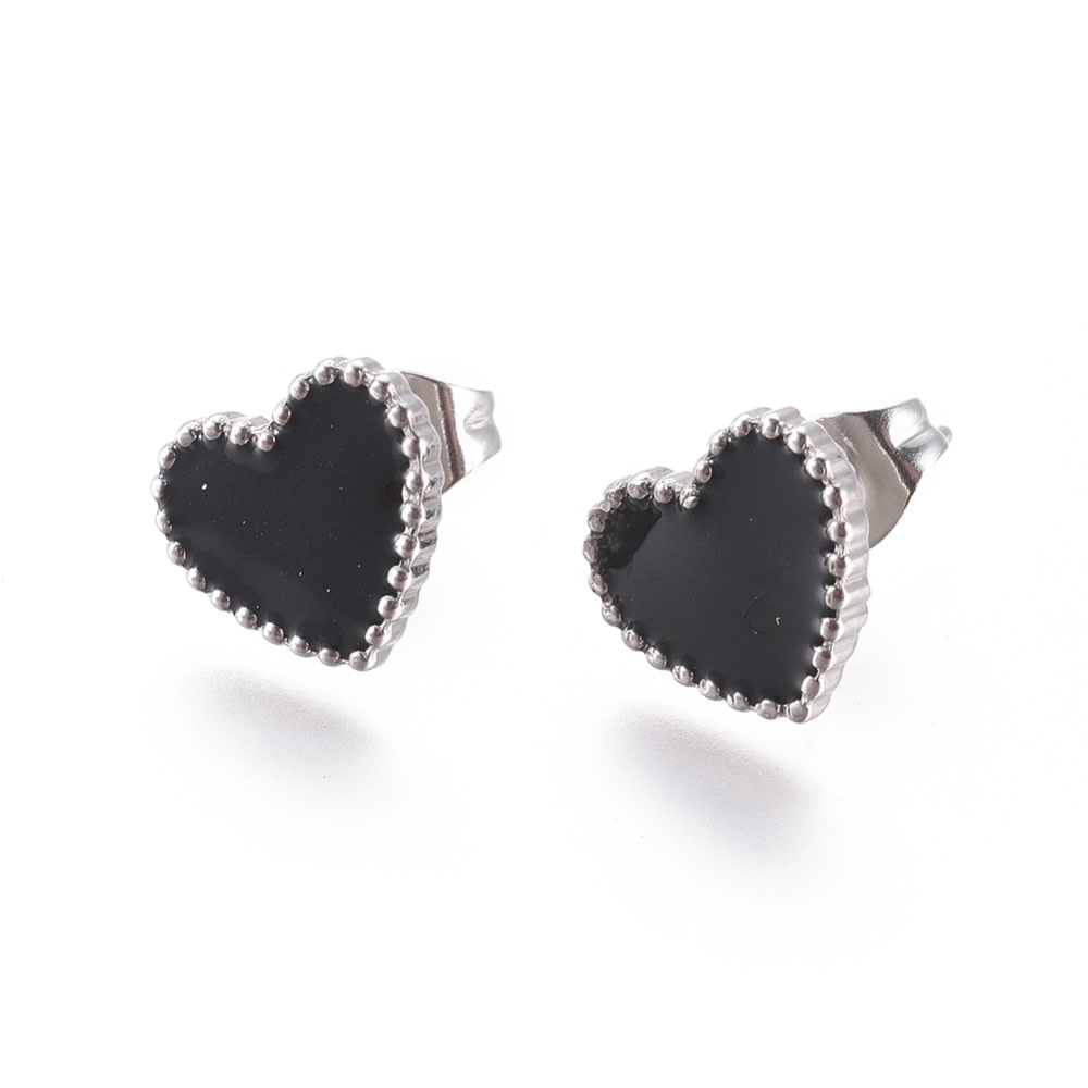 Aros topo topito corazón heart esmaltado negro acero / par4