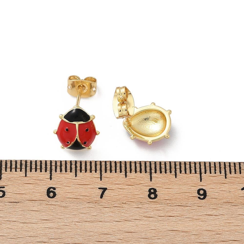 Aros topo topito esmaltado chinita mariquita 10 mm baño oro / par2