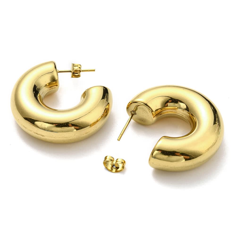 Aros media argollas aretes chunky tipo c liso acero baño de oro / par2