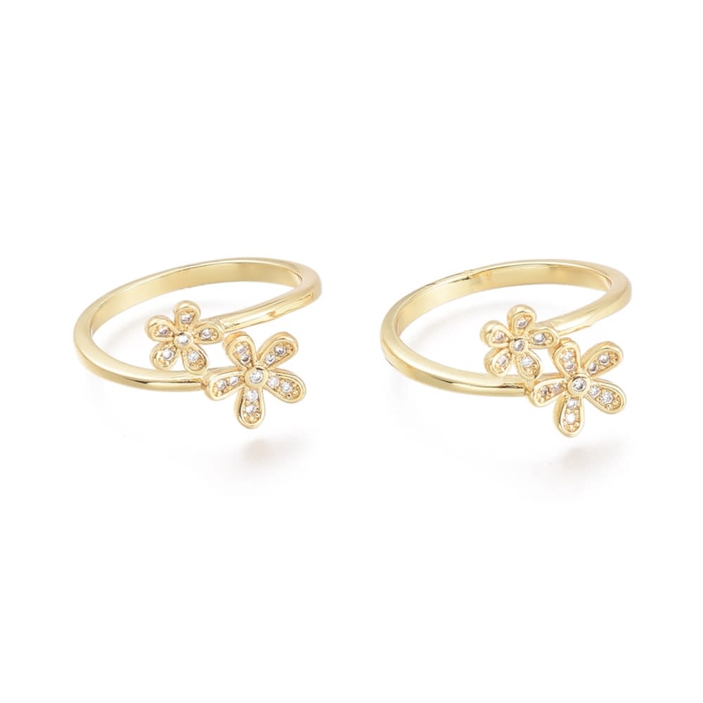 Anillo ajustable doble flor zircón baño de oro / unidad2