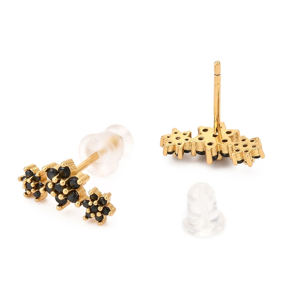 Aros topo topito flores negra 12.5 mm baño oro / par2