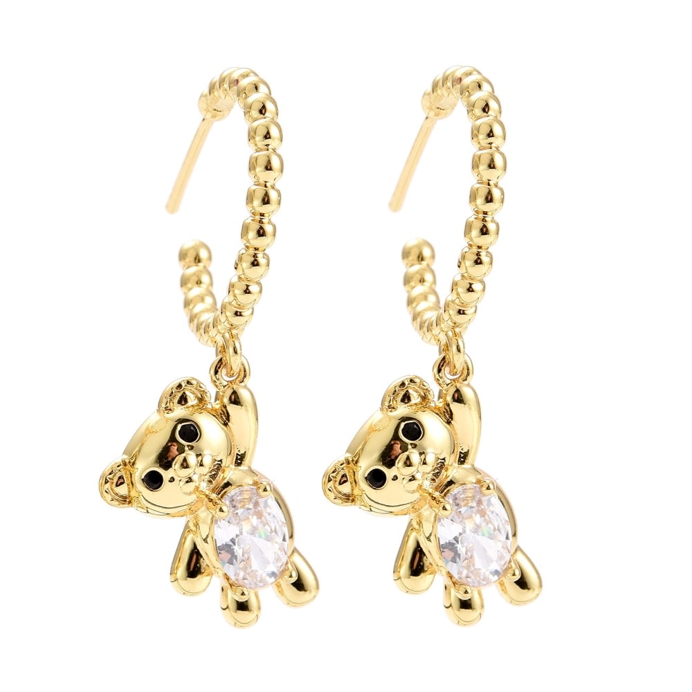 Aros argollas aretes osito colgante tipo c zircón baño de oro / par1