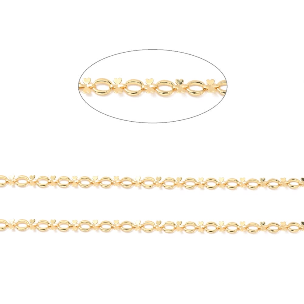 Cadena con ovalos y lazo mini corazones baño de oro / metro3