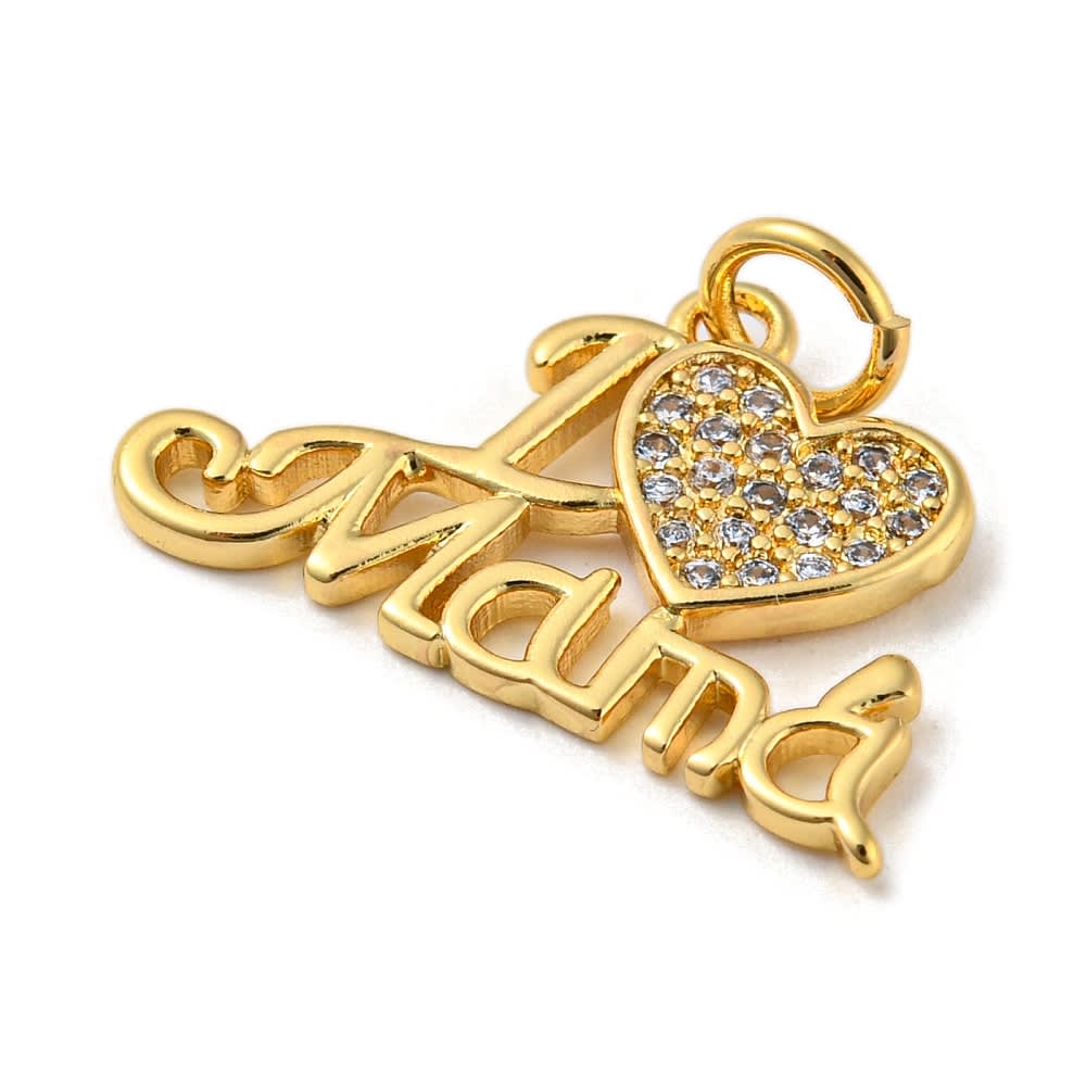 Dije colgante corazón I love mamá  20.5 mm zircón baño oro / unidad3