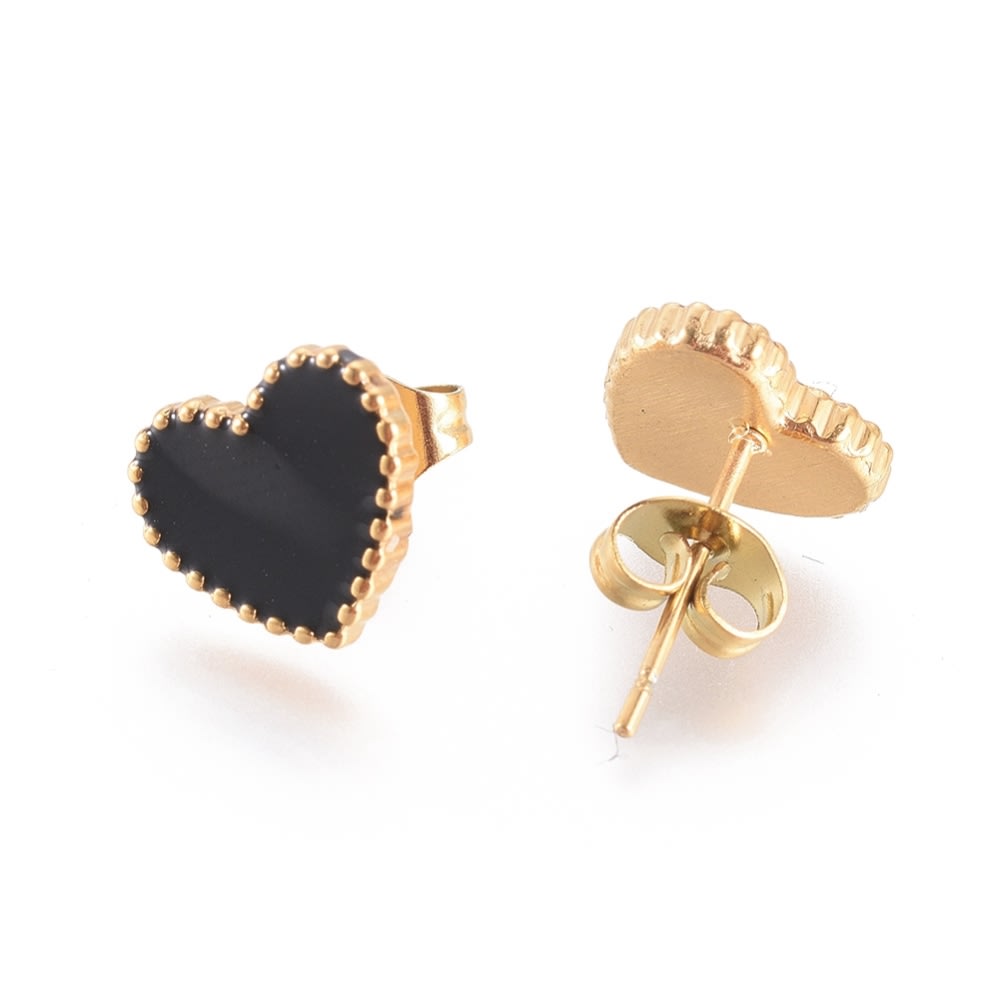 Aros topo topito corazón heart esmaltado negro acero / par3