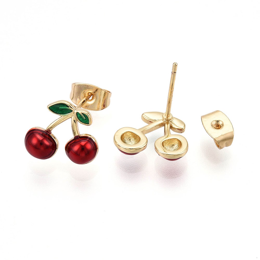 Aros topo topito guinda cereza esmaltada 11.5 mm baño oro / par2