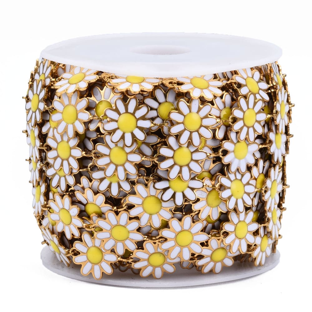 Cadena figura flor margarita esmaltada baño de oro acero/ metro4