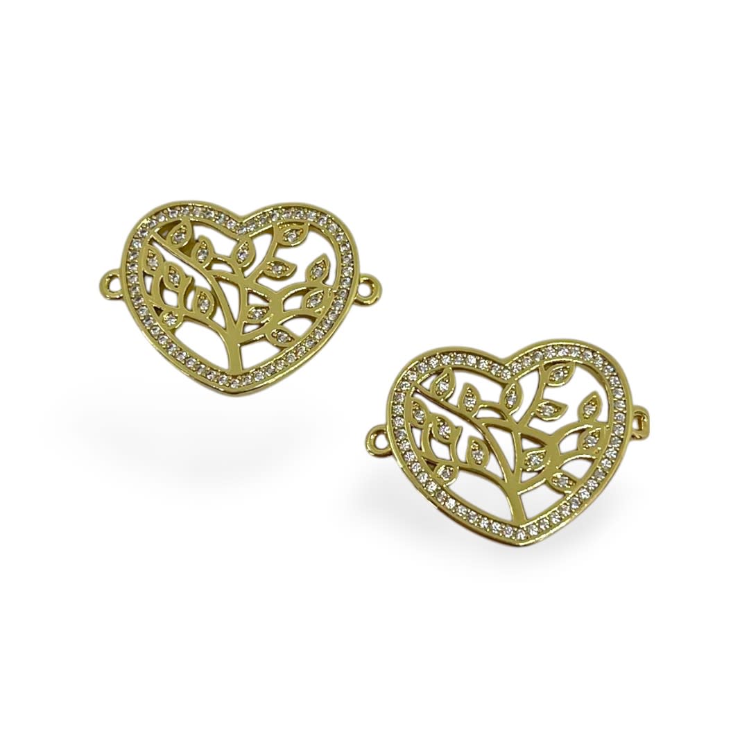 Dije conector árbol de la vida corazón 22x16  mm zircón baño de oro / unidad1