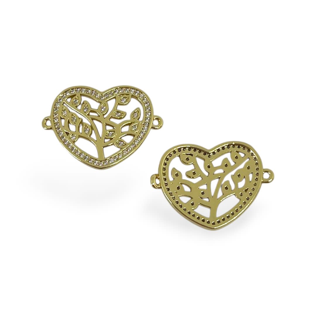 Dije conector árbol de la vida corazón 22x16  mm zircón baño de oro / unidad2