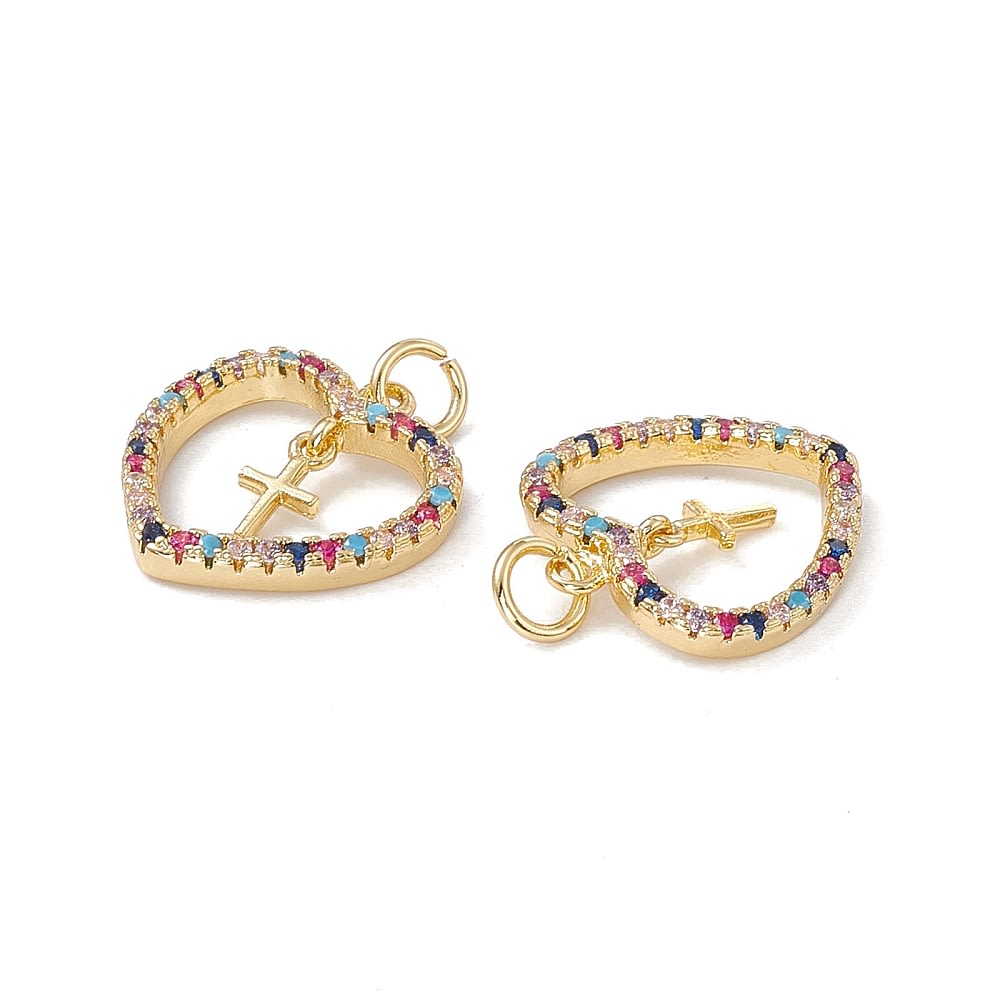 Dije colgante corazón cruz zircón multicolor baño de oro / unidad2