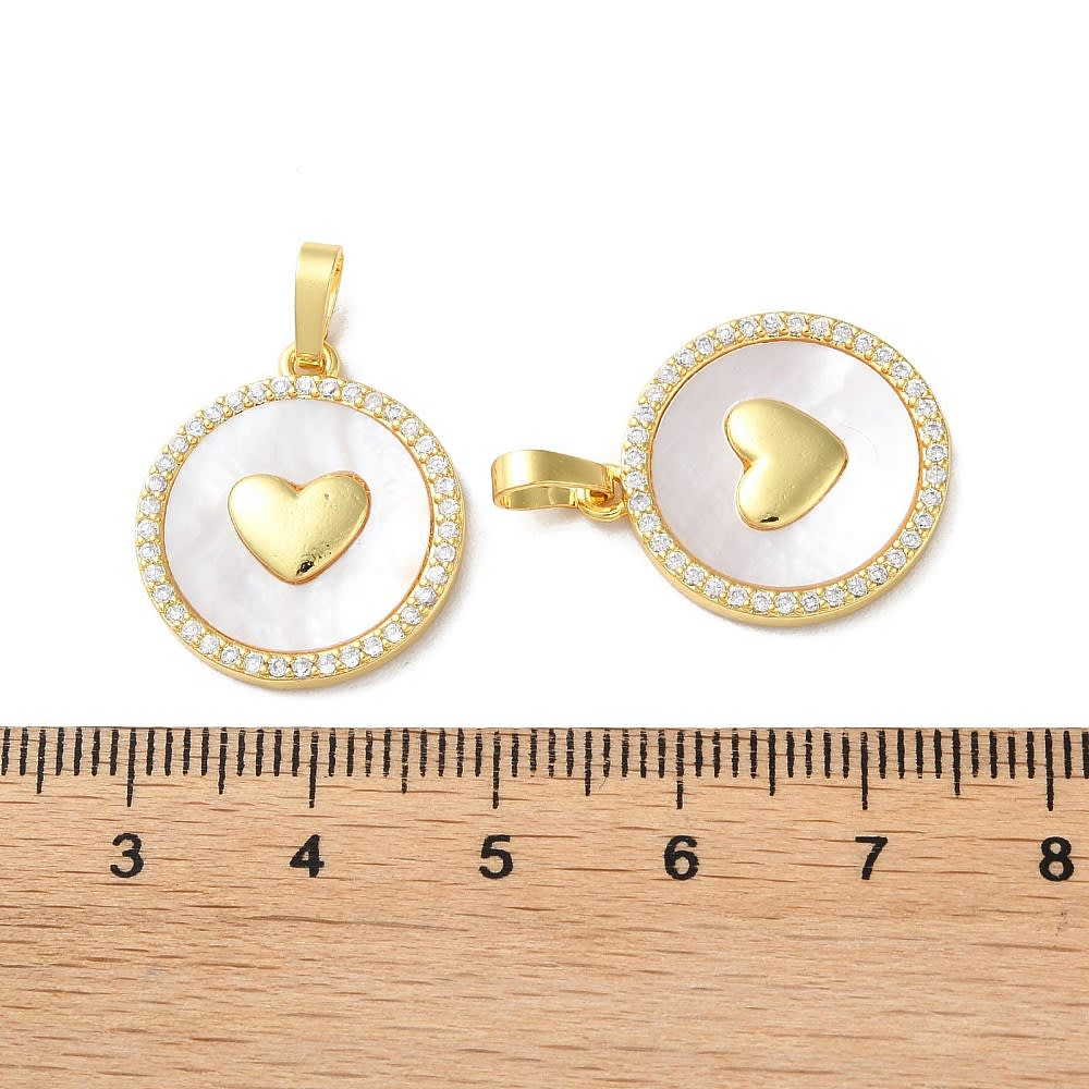 Dije colgante círculo corazón 21 mm nácar baño de oro / unidad3