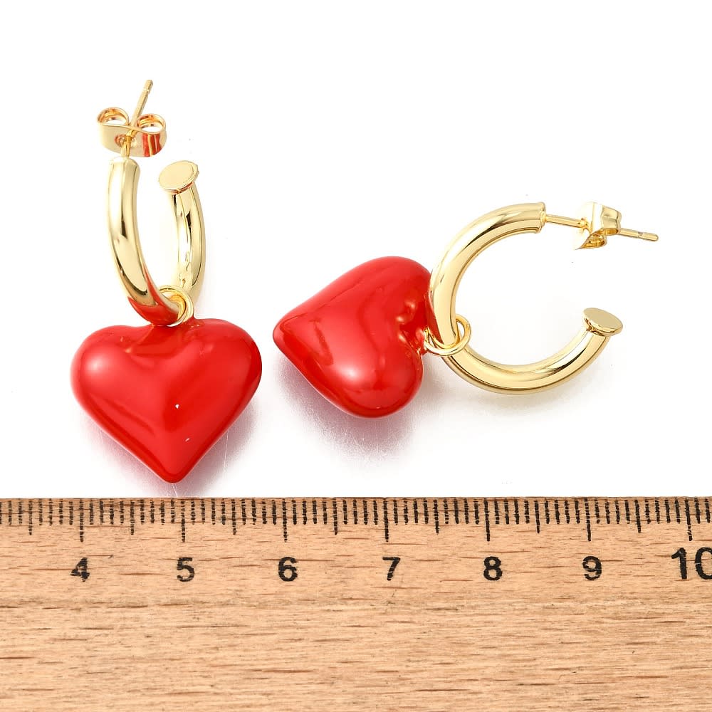 Aros argollas con corazón esmaltado rojo colgante baño de oro / par2