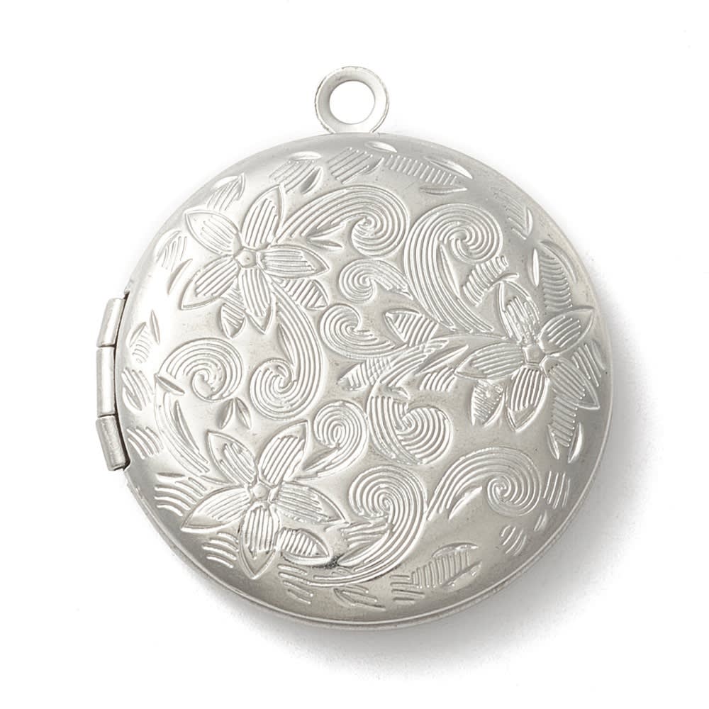 Relicario foto portafoto locket redondo flor acero plateado / unidad2