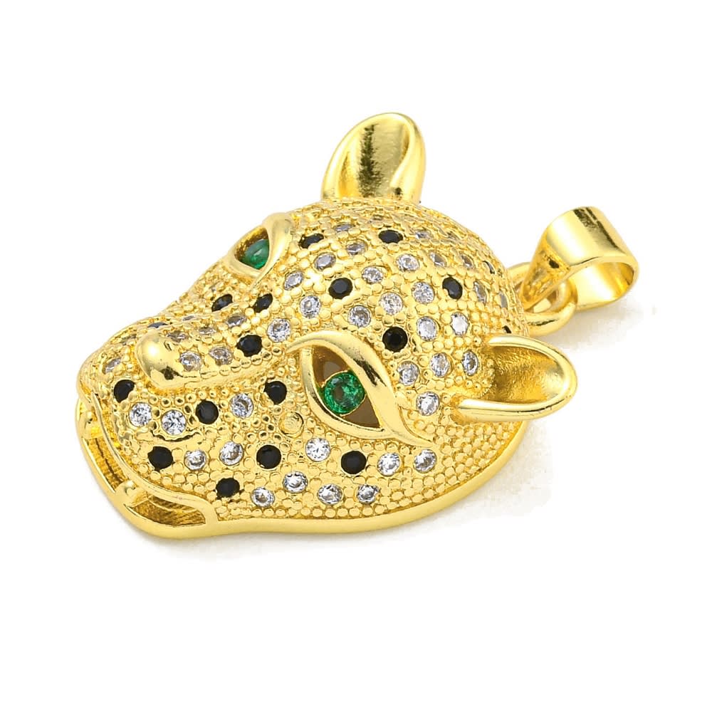 Dije colgante cabeza leopardo 25 mm baño oro zircón / unidad2