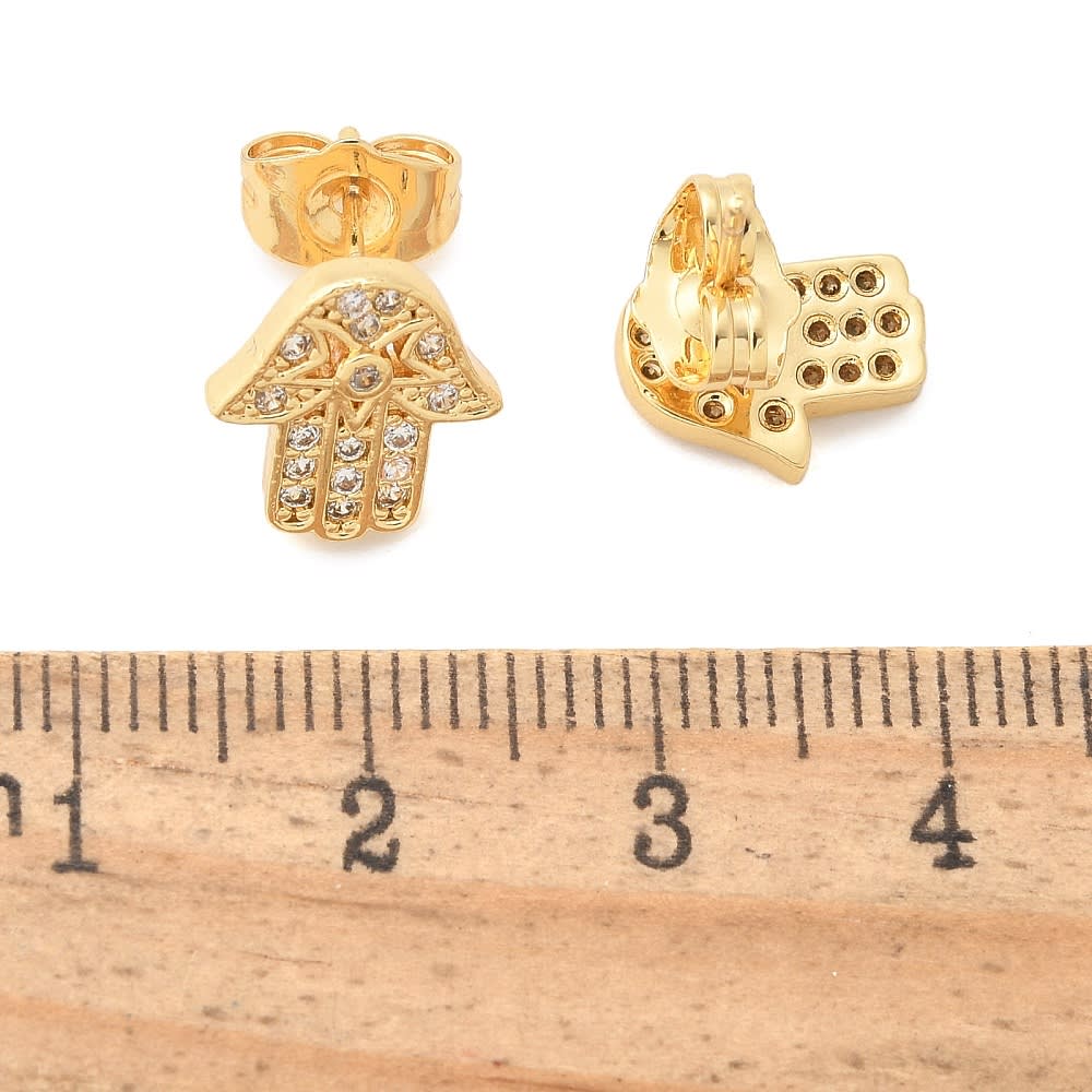 Aros topo topito mano Fátima hamsa 11.5 mm zircón baño oro / par2