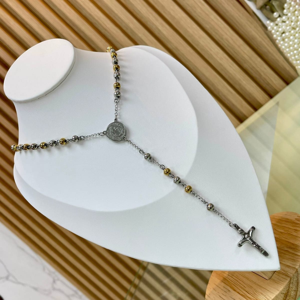 Rosario para caballero con balines 6 mm acero dorado plateado / unidad3