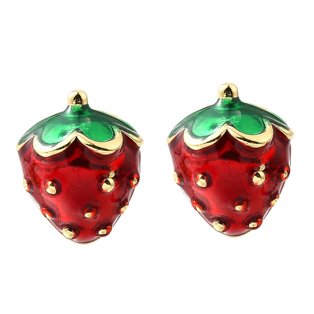 Aros topo topito frutilla fresa 12x10 mm esmaltado baño oro / par1