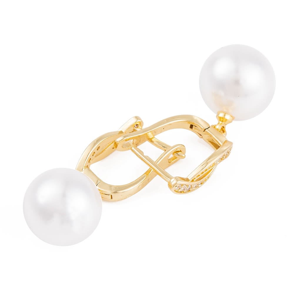 Aros argollas huggie perla colgante 31 mm zircón baño oro  / par2
