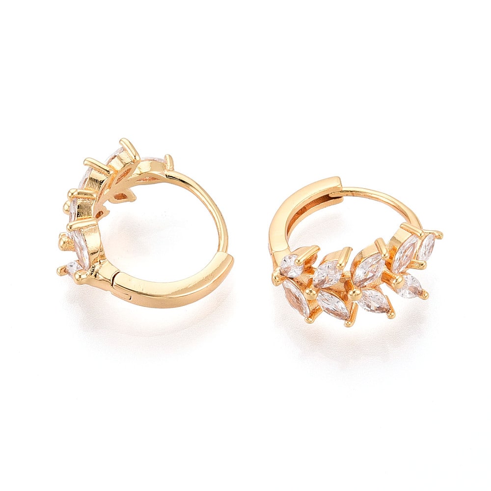 Aros argollas huggie hoja zircón 15 mm baño oro platino / par2